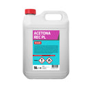 Embalagem de cinco litros de acetona da Grouht para tintas, esmaltes, vernizes, colas e acessórios de pintura.