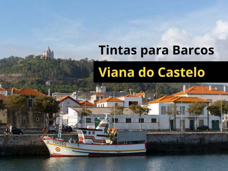 Imagem de barco junto à marginal de Viana do Castelo, com a inscrição ONDE COMPRAR TINTAS PARA BARCOS EM VIANA DO CASTELO?