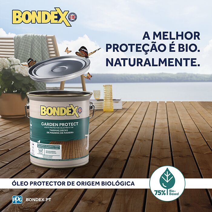 Imagem publicitária alusiva ao Bondex Garden Protect, onde se destacam umas borboletas a levantar a tampa da lata, e se lê A MELHOR PROTEÇÃO É BIO. NATURALMENTE. ÓLEO PROTECTOR DE ORIGEM BIOLÓGICA.