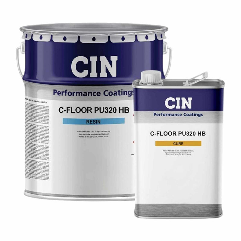 Embalagem do C-Floor PU320 HB, um revestimento de poliuretano brilhante para pavimentos da CIN Performance Coatings.