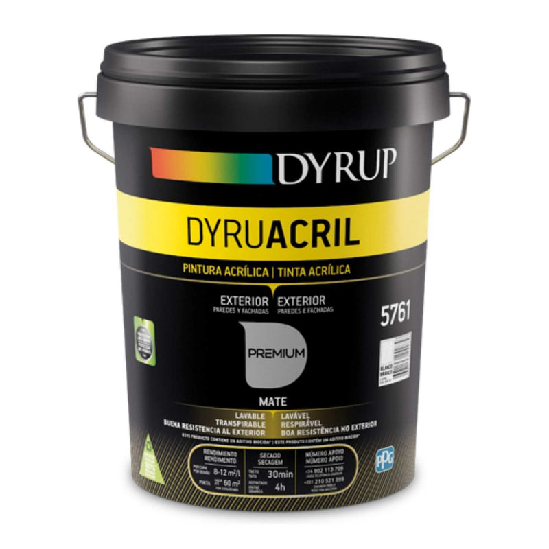 Embalagem da Dyrup Dyruacril, a tinta acrílica para exteriores da PPG Dyrup.