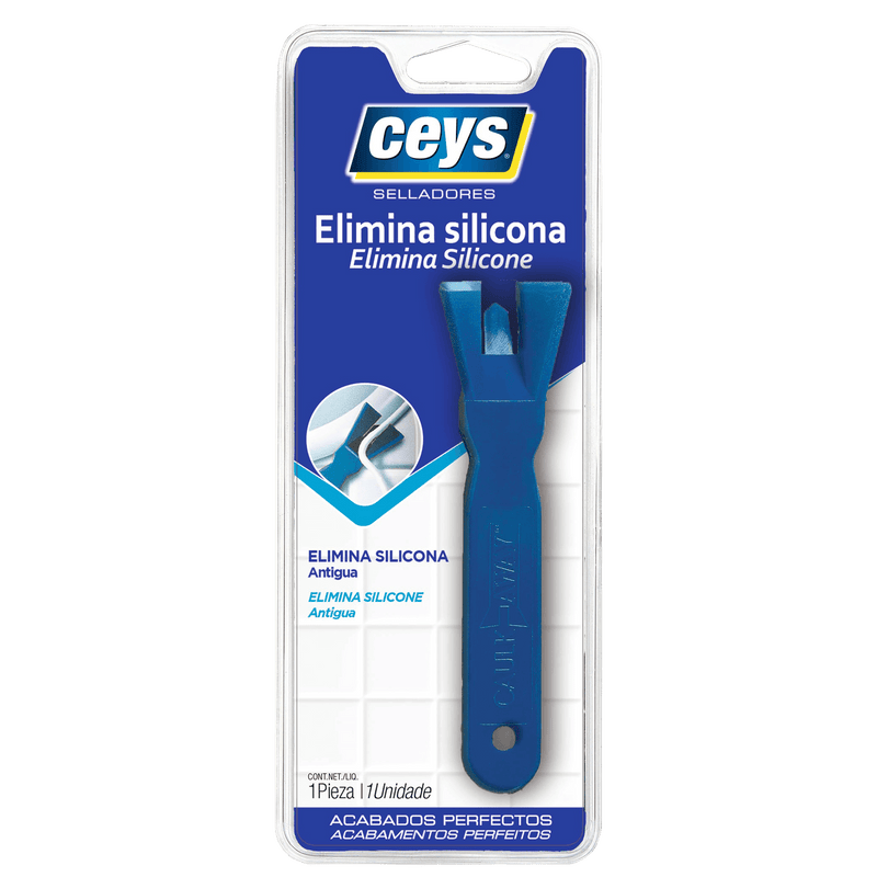 Embalagem da espátula que elimina silicone da marca Ceys. Trata-se de um raspador de cor azul.