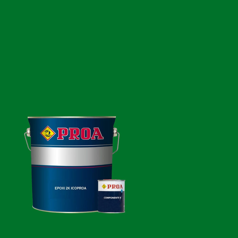 Embalagem do Esmalte Epóxi 2K para pavimentos interiores da marca Pinturas Proa sobre um fundo VERDE PRADO.