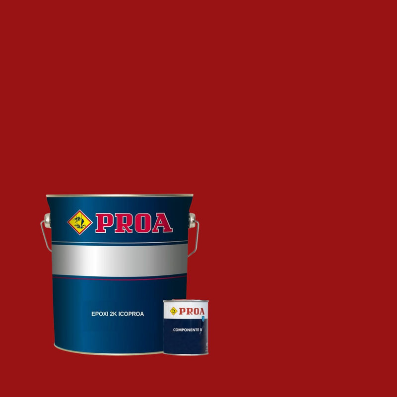 Embalagem do Esmalte Epóxi 2K para pavimentos interiores da marca Pinturas Proa sobre um fundo VERMELHO FERRUGEM.