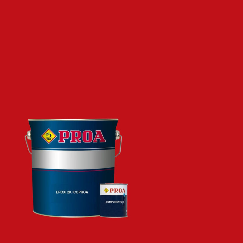 Embalagem do Esmalte Epóxi 2K para pavimentos interiores da marca Pinturas Proa sobre um fundo VERMELHO RUBRO.