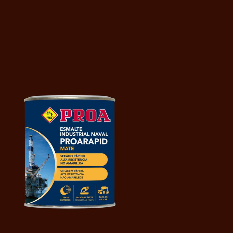Embalagem do Esmalte Industrial Naval Proarapid MATE, da Pinturas Proa, sobre um fundo CASTANHO.