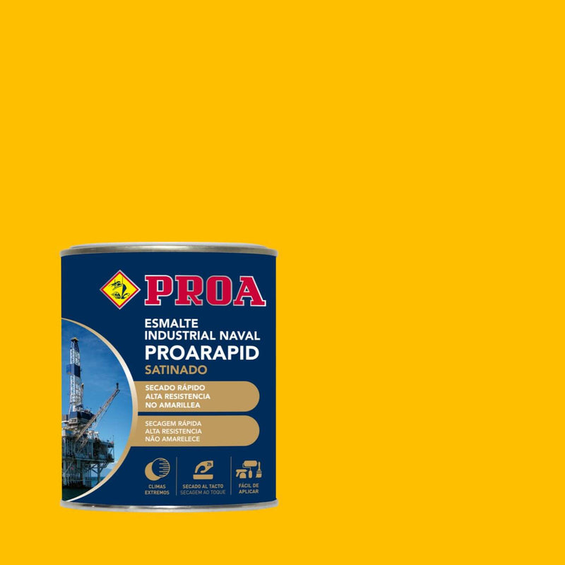 Embalagem do Esmalte Industrial Naval Proarapid Acetinado, da Pinturas Proa, sobre um fundo AMARELO.