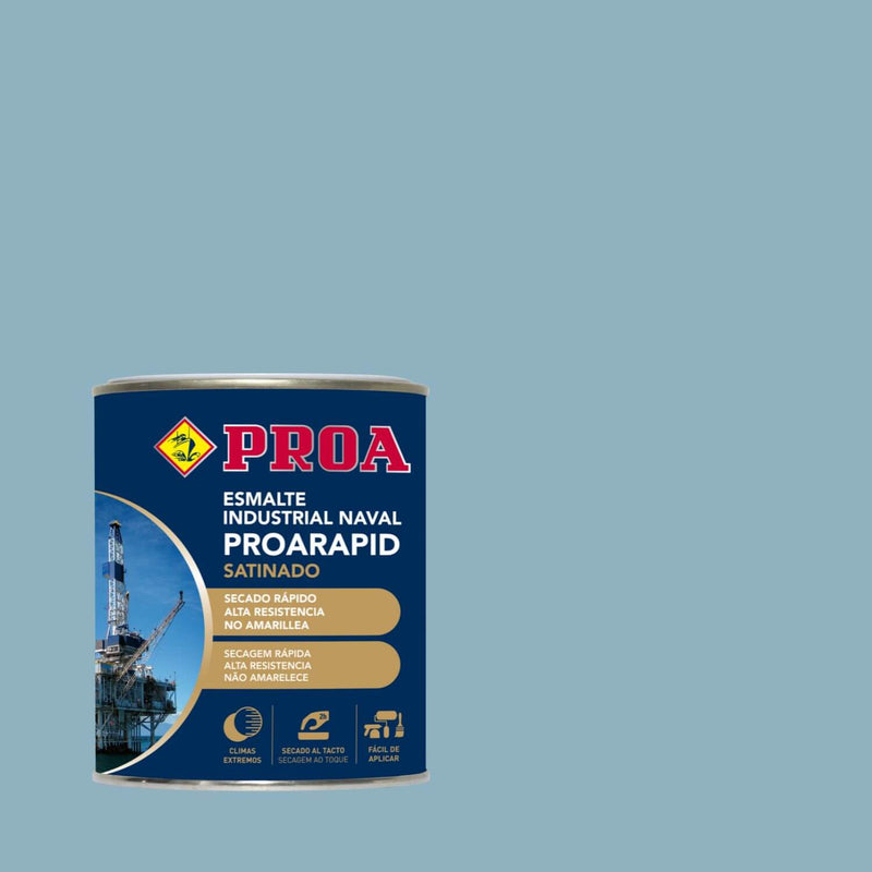 Embalagem do Esmalte Industrial Naval Proarapid Acetinado, da Pinturas Proa, sobre um fundo CINZENTO PÉROLA.