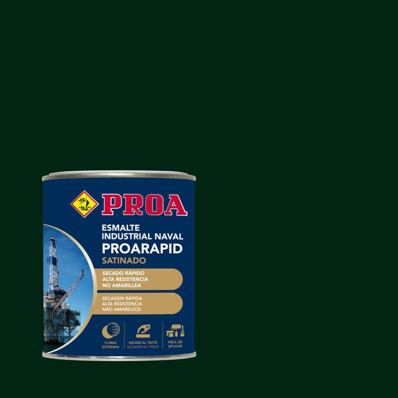 Embalagem do Esmalte Industrial Naval Proarapid Acetinado, da Pinturas Proa, sobre um fundo VERDE INGLÊS.
