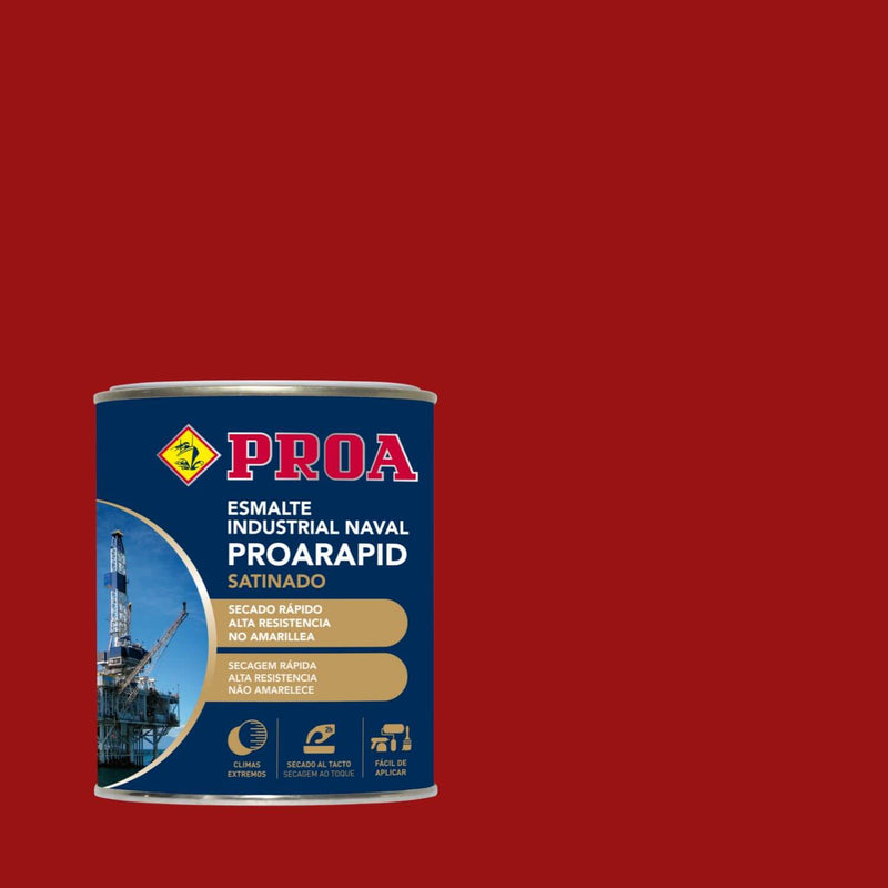 Embalagem do Esmalte Industrial Naval Proarapid Acetinado, da Pinturas Proa, sobre um fundo VERMELHO FERRUGEM.