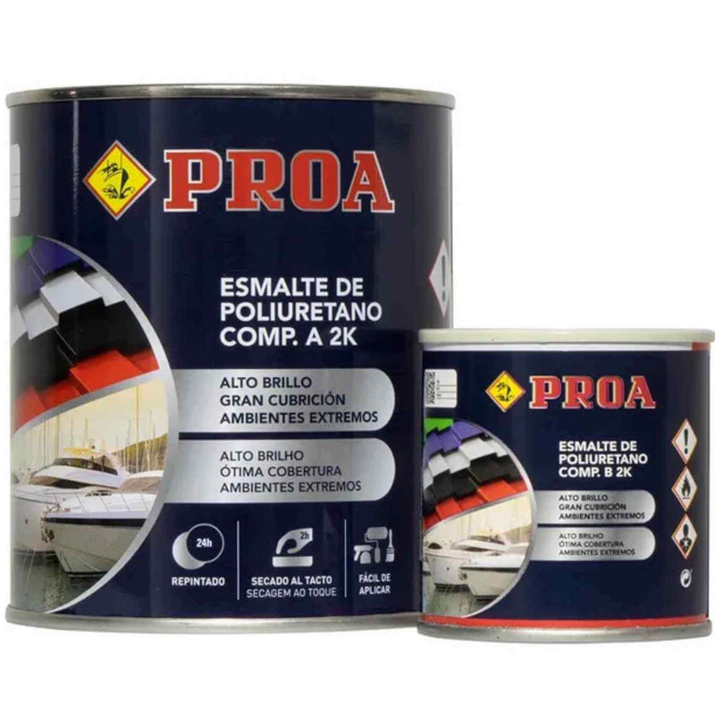 Latas do Esmalte de Poliuretano de 2 Componentes da Proa. Na imagem são visíveis as latas que contêm os componentes A e B.