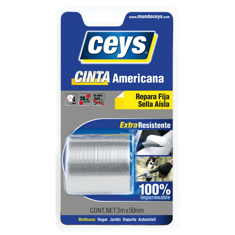 Embalagem da fita adesivo multiusos americana da marca Ceys. Trata-se de uma cinta adesiva cinzenta extra resistente que é cem por cento impermeável.