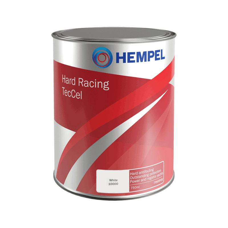 Lata de Hempels Hard Racing TecCel (White) 7688W. Trata-se de um anti-incrustante de elevado desempenho que pode ser adquirido na Tintas e Pinturas, uma loja especializada na venda de tintas marine.