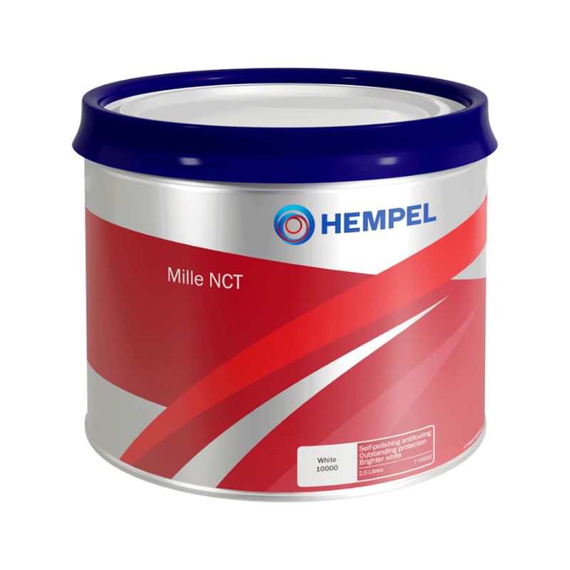 Lata de Hempels Mille NCT (White) 7188W. Trata-se de um antifouling da Hempel especificamente desenvolvido para iates.