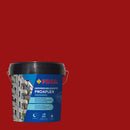 Embalagem do impermeabilizante elástico fibrado da gama Proaflex, pertencente à marca Pintura Proa, sobre um fundo VERMELHO FERRUGEM.