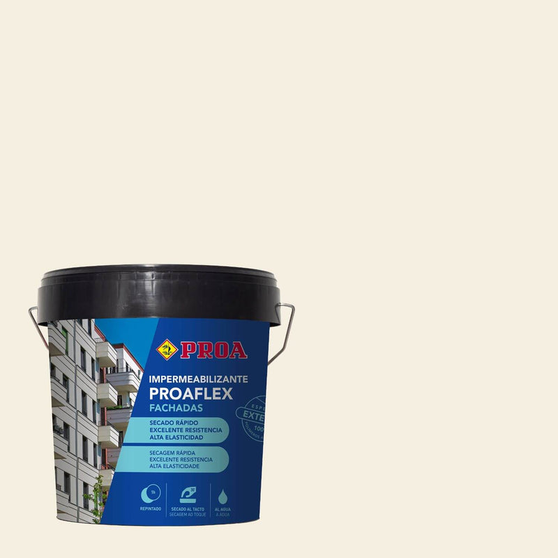 Lata do Impermeabilizante para Fachadas Proaflex da marca Pinturas Proa sobre um fundo de cor ABEGONDO.