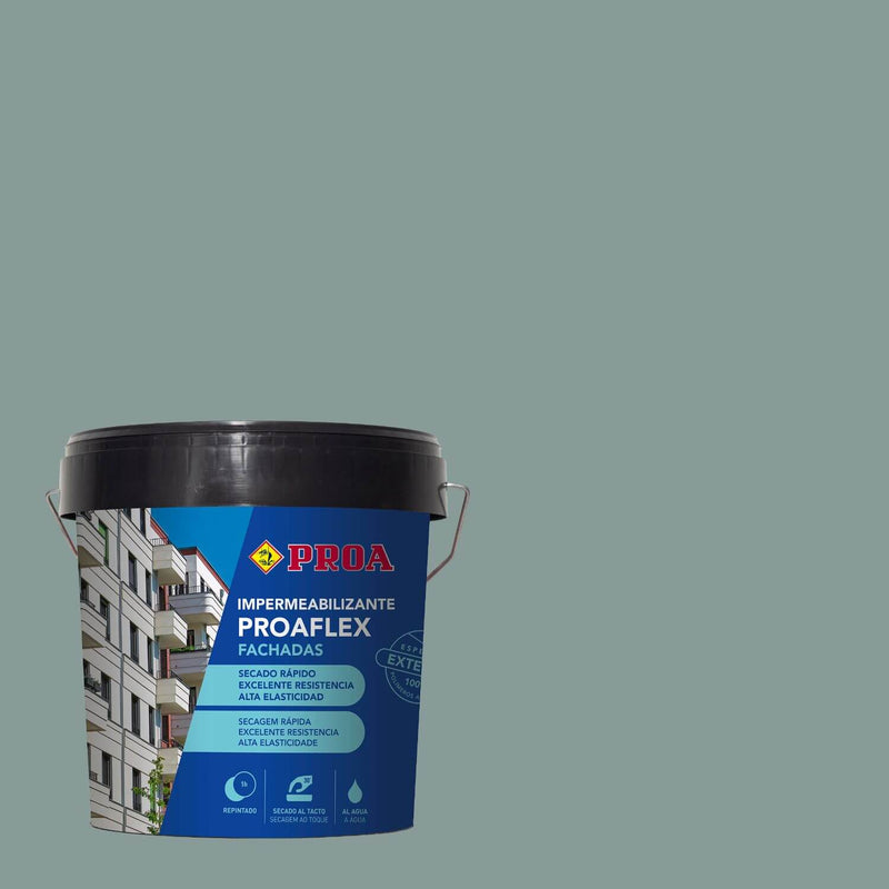 Lata do Impermeabilizante para Fachadas Proaflex da marca Pinturas Proa sobre um fundo de cor CORUNHA.