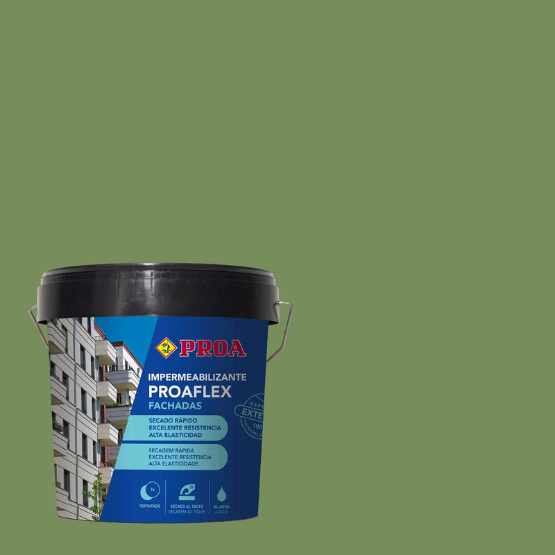 Lata do Impermeabilizante para Fachadas Proaflex da marca Pinturas Proa sobre um fundo de cor MINHO.