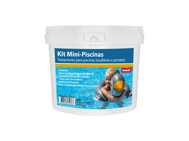 O Kit Mini Piscinas inclui os materiais necessários para o tratamento e a manutenção de piscinas insufláveis e portáteis. Na imagem é possível ver o balde que serve de embalagem ao produto.