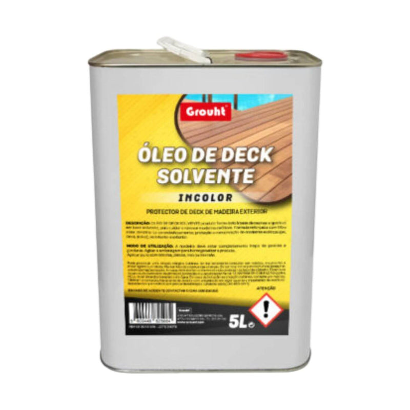 Embalagem de 5 litros do óleo de base solvente para decks de madeira, incolor.