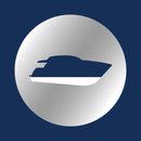 Logótipo da Pinturas Proa para a pintura náutica. Trata-se da imagem de um iate azul que se encontra sobre um circulo de fundo cinzento que, por sua vez, se encontra sobre um fundo azul.