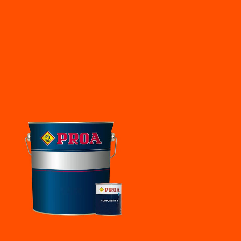 Lata de tinta poliuretano altos sólidos de acabamento acetinado da marca Pinturas Proa, sobre um fundo de cor ALARANJADO.