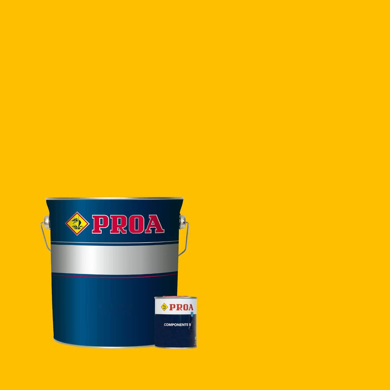 Lata de tinta poliuretano altos sólidos de acabamento acetinado da marca Pinturas Proa, sobre um fundo de cor AMARELO.
