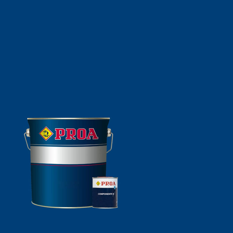 Lata de tinta poliuretano altos sólidos de acabamento acetinado da marca Pinturas Proa, sobre um fundo de cor AZUL ELÉTRICO.