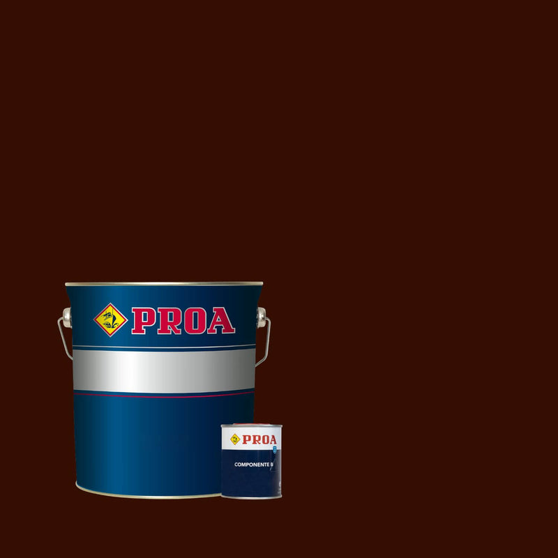 Lata de tinta poliuretano altos sólidos de acabamento acetinado da marca Pinturas Proa, sobre um fundo de cor CASTANHO.