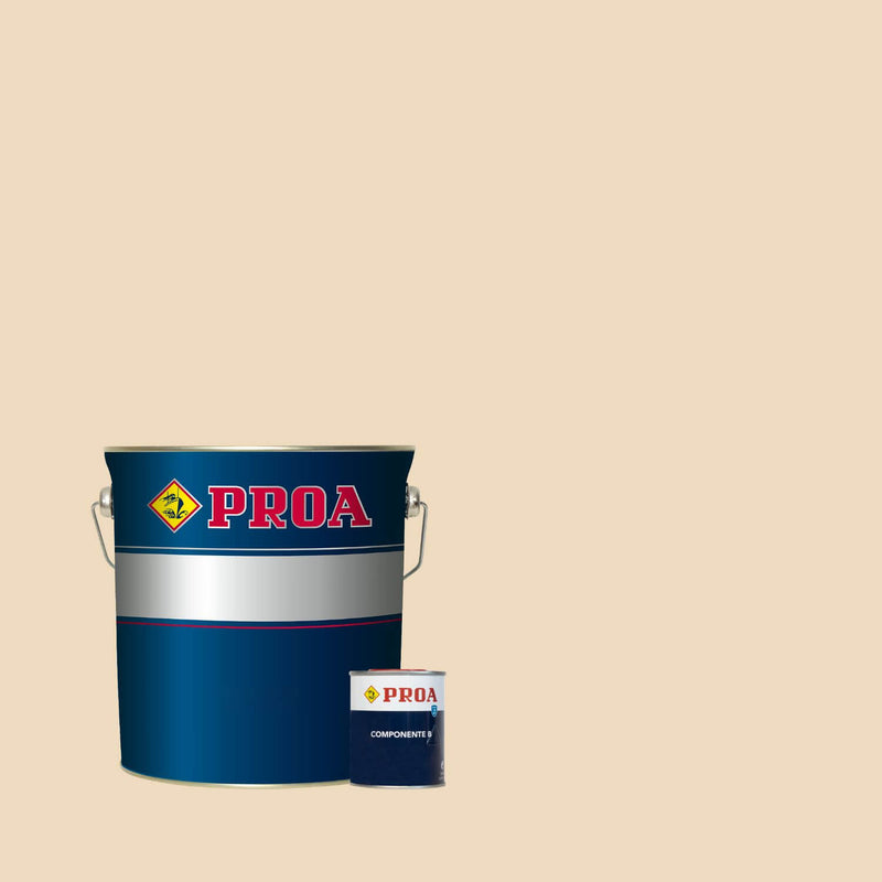 Lata de tinta poliuretano altos sólidos de acabamento acetinado da marca Pinturas Proa, sobre um fundo de cor MARFIM.