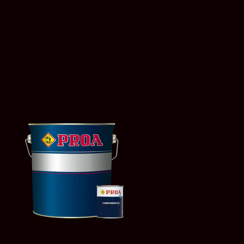 Lata de tinta poliuretano altos sólidos de acabamento acetinado da marca Pinturas Proa, sobre um fundo de cor PRETO.
