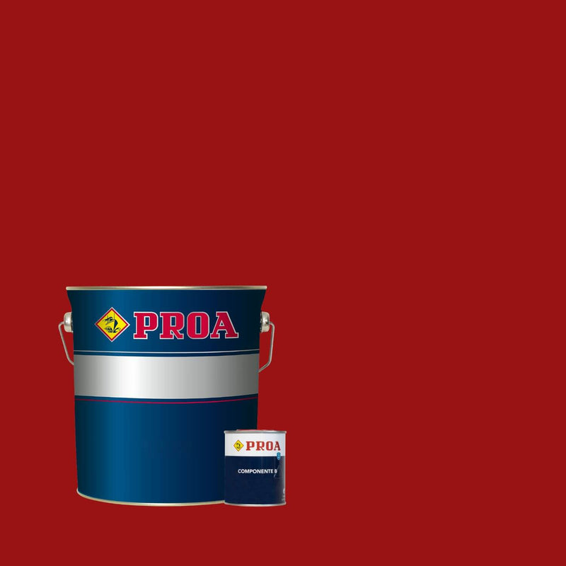 Lata de tinta poliuretano altos sólidos de acabamento acetinado da marca Pinturas Proa, sobre um fundo de cor VERMELHO FERRUGEM.