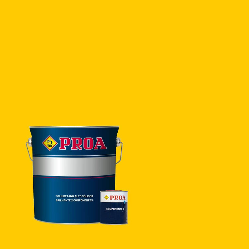 Lata de Poliuretano Altos Sólidos Brilhante da marca Pinturas Proa, sobre um fundo AMARELO ZINCO.