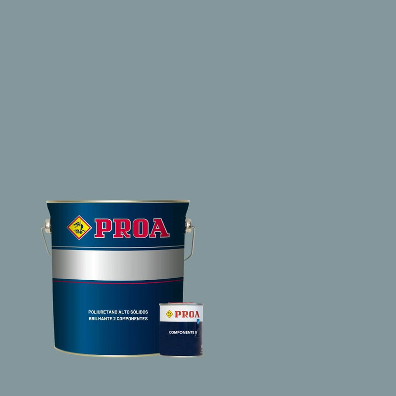 Lata de Poliuretano Altos Sólidos Brilhante da marca Pinturas Proa, sobre um fundo CINZENTO MÉDIO.