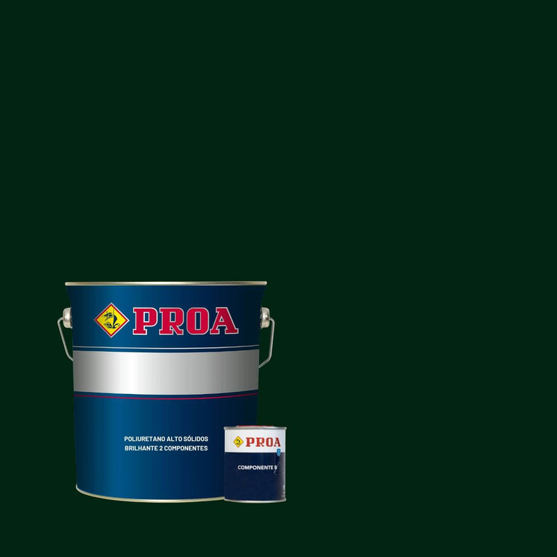 Lata de Poliuretano Altos Sólidos Brilhante da marca Pinturas Proa, sobre um fundo VERDE INGLÊS.