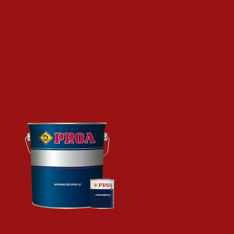 Lata do Primário Epóxi 2K da marca Pinturas Proa sobre um fundo vermelho ferrugem. Este produto também é conhecido no mercado por Icoproa Primário Epóxi.