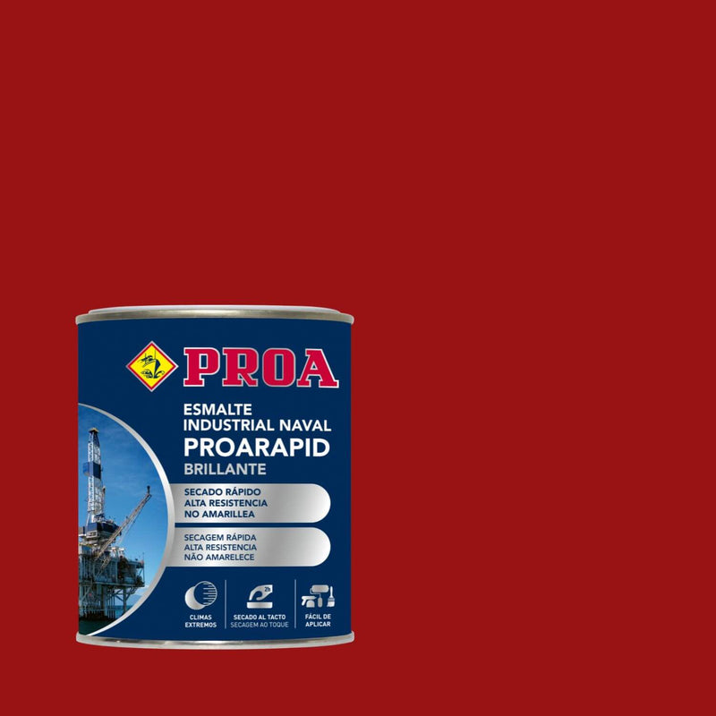 Embalagem do Esmalte Industrial BRILHANTE, da Pinturas Proa, sobre um fundo VERMELHO FERRUGEM.