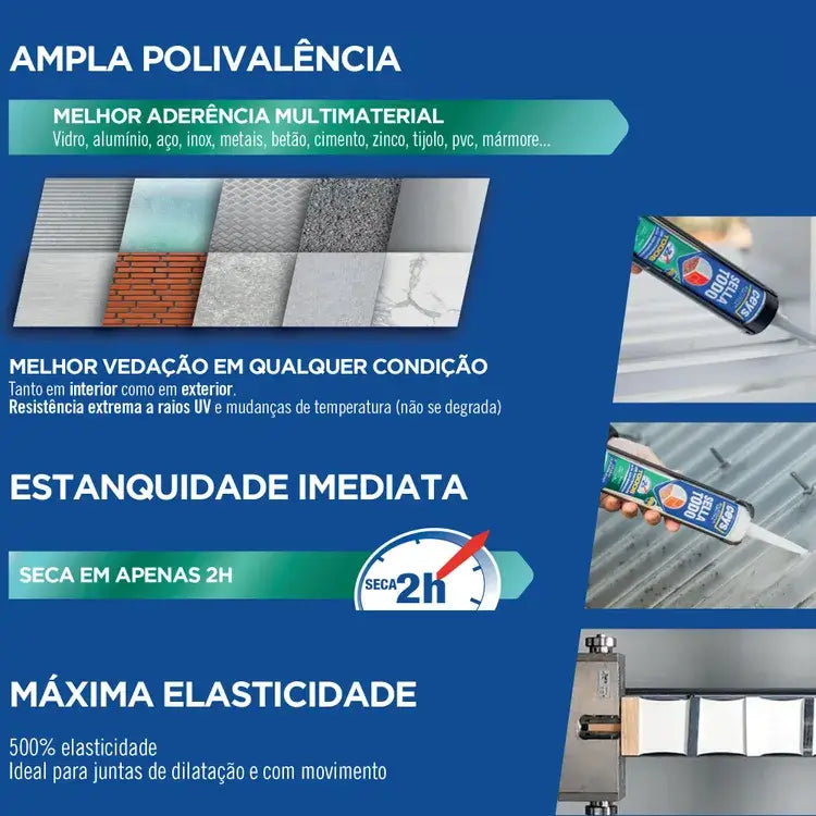 Ilustração que destaca a ampla polivalência, a estanquicidade imediata e a máxima elasticidade do silicone neutro veda tudo da ceys.