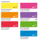 Catálogo de cores do Spray MTN 94 Fluorescente: amarelo, laranja, vermelho, rosa, violeta, verde, azul.