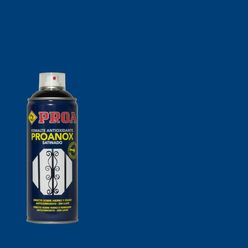Lata do Spray Antioxidande Proanox sobre um fundo AZUL ELÉTRICO. O esmalte é para ser aplicado direto no ferro e na ferrugem.