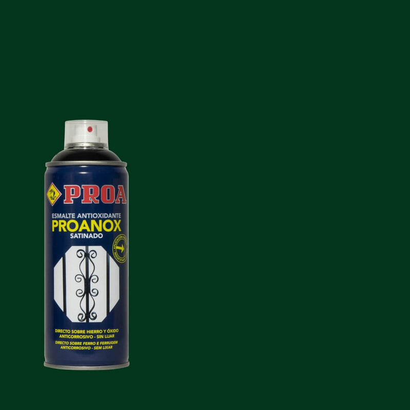 Lata do Spray Antioxidande Proanox sobre um fundo VERDE GARRAFA. O esmalte é para ser aplicado direto no ferro e na ferrugem.