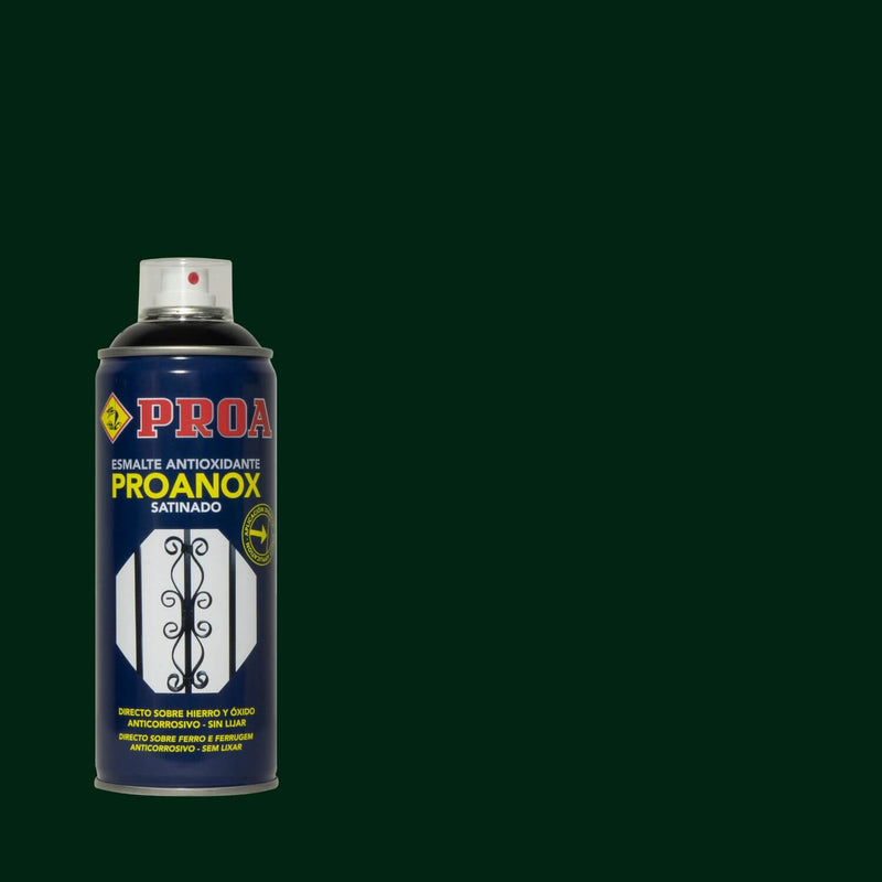 Lata do Spray Antioxidande Proanox sobre um fundo VERDE INGLÊS. O esmalte é para ser aplicado direto no ferro e na ferrugem.