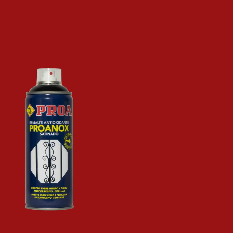 Lata do Spray Antioxidande Proanox sobre um fundo VERMELHO FERRUGEM. O esmalte é para ser aplicado direto no ferro e na ferrugem.