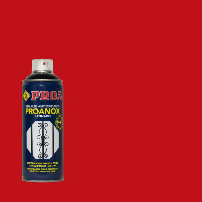 Lata do Spray Antioxidande Proanox sobre um fundo VERMELHO RUBRO. O esmalte é para ser aplicado direto no ferro e na ferrugem.