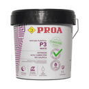 Embalagem da Tinta Branca para Interiores Mate P3 da marca Pinturas Proa. No rótulo do produto é destacado o facto de ser uma tinta com elevado poder de cobertura, não salpicar, ser de base aquosa, resistir ao fogo e ter uma excelente relação qualidade/preço. 