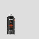 Embalagem de um spray da marca Montana Colors com tinta para dotar as superfícies com um efeito de ferro forjado, sobre um fundo de cor cinzento.
