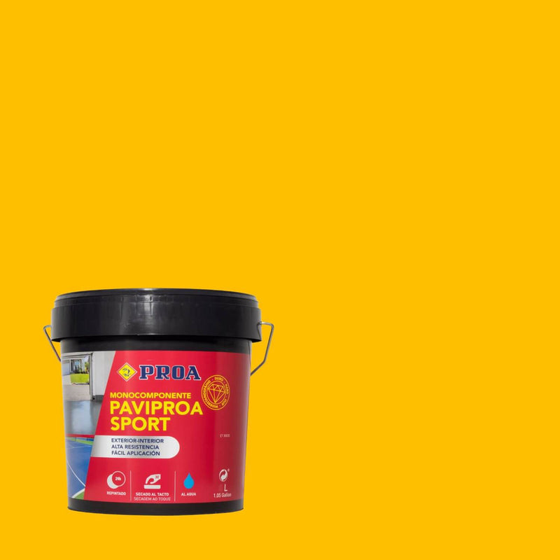 Embalagem da Tinta para Pavimentos Desportivos sobre um fundo de cor AMARELO.