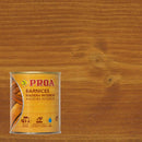 Lata do verniz para madeira de base aquosa da Proa sobre um fundo que replica a madeira de cor TECA.